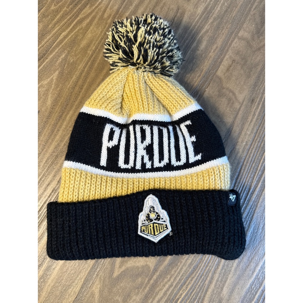 '47 Brand Purdue Beanie Unisex OSFA Black Gold Excellent Pom Cuffed Knit Hat